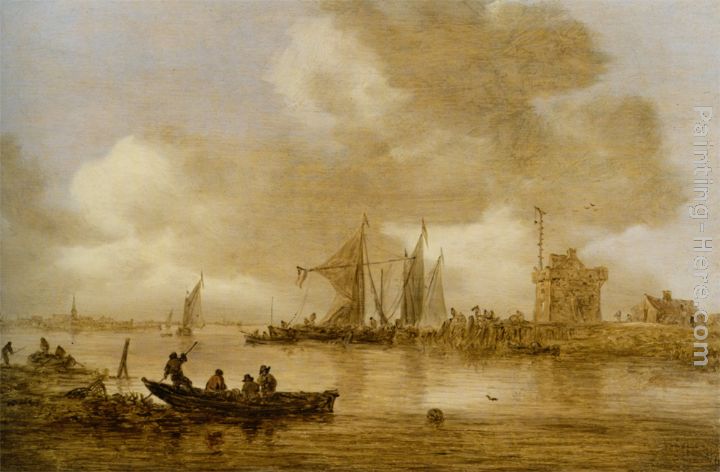 A river estuary with Dutch shipping and a Lighthouse painting - Jan van Goyen A river estuary with Dutch shipping and a Lighthouse art painting